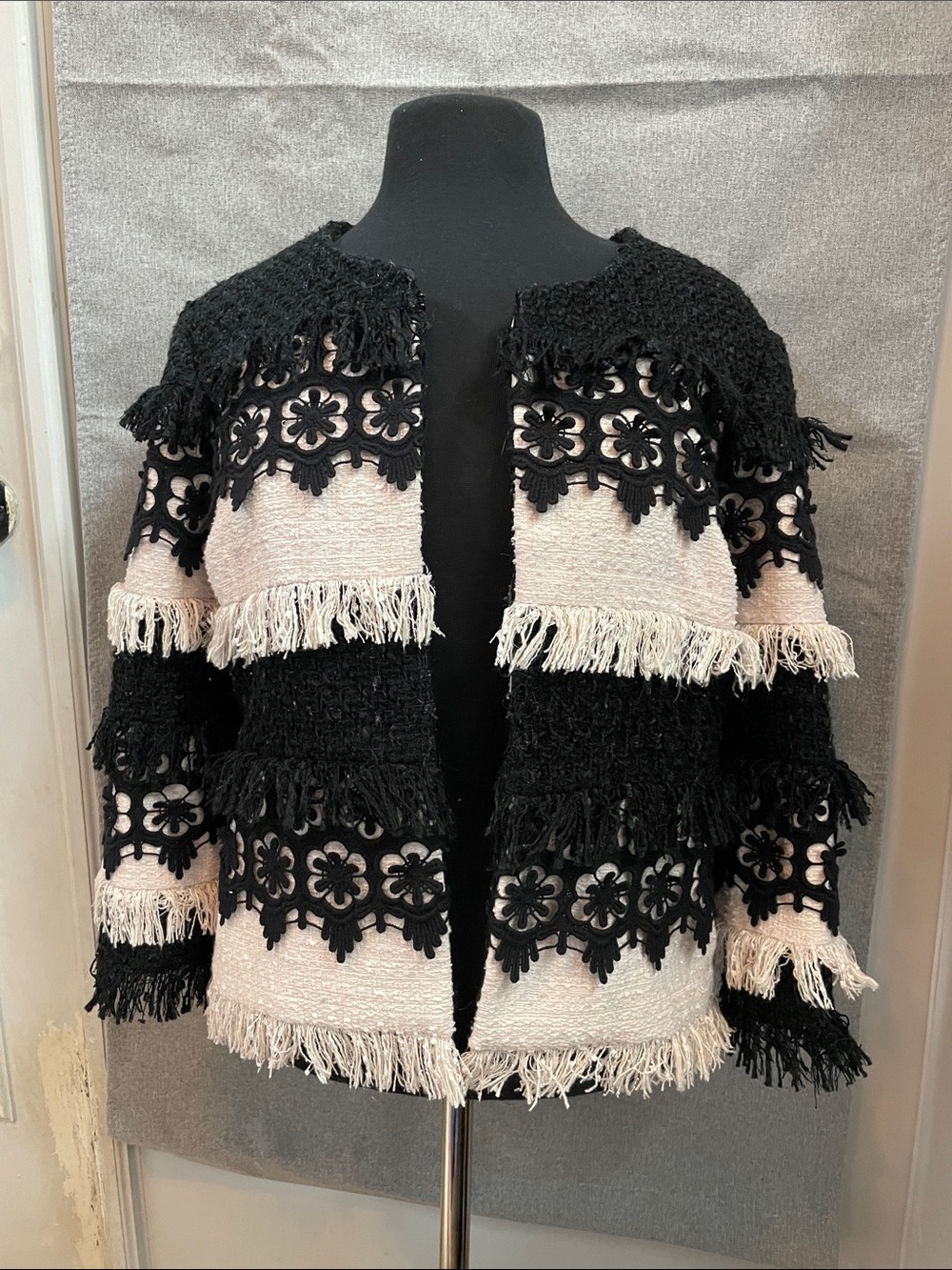 Boston Proper Black & Cream Fringed Floral Lace Open Cardigan